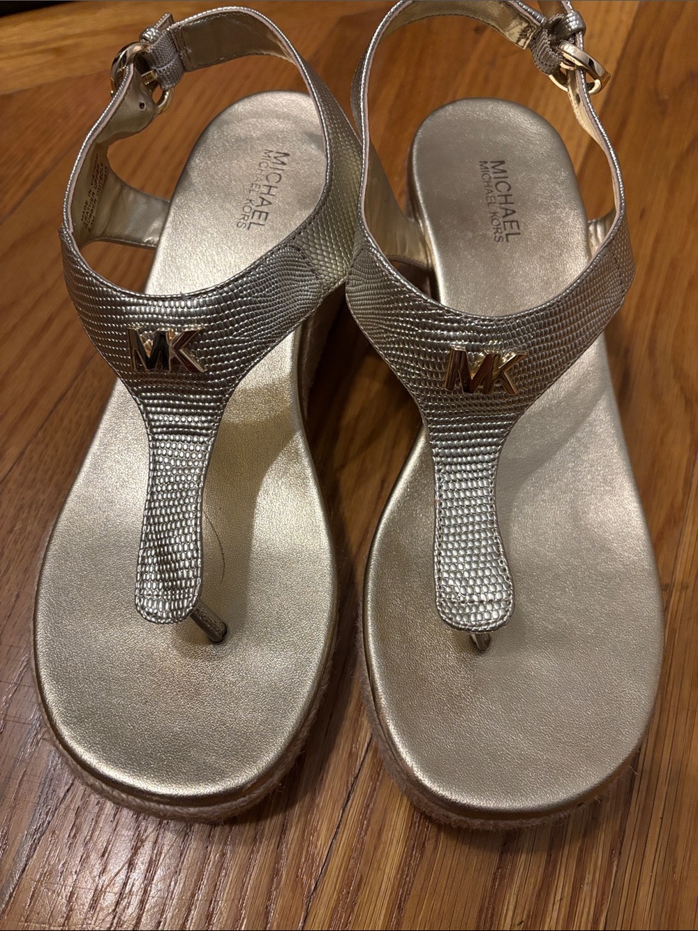 Michael Kors Metallic Gold Thong Sandals with MK Logo
